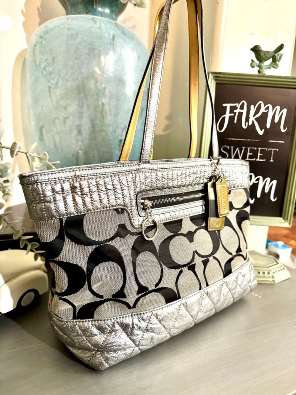 Coach Signature Metallic Poppy Quilted Canvas Tote G1176-18676 (2011) EUC - Picture 5 of 16